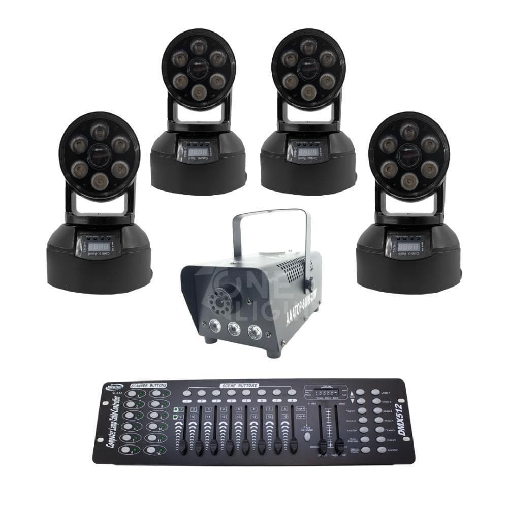 Kit 4 Mini Moving Wash + Máquina De Fumaça 600W + Mesa Dmx