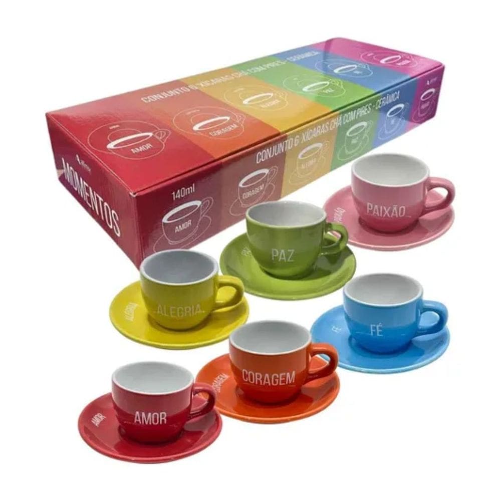 Jogo de Xícaras 6 Unidades Cerâmica com Pires 140ml Café Expresso Chá Personalizadas Coloridas Nadir