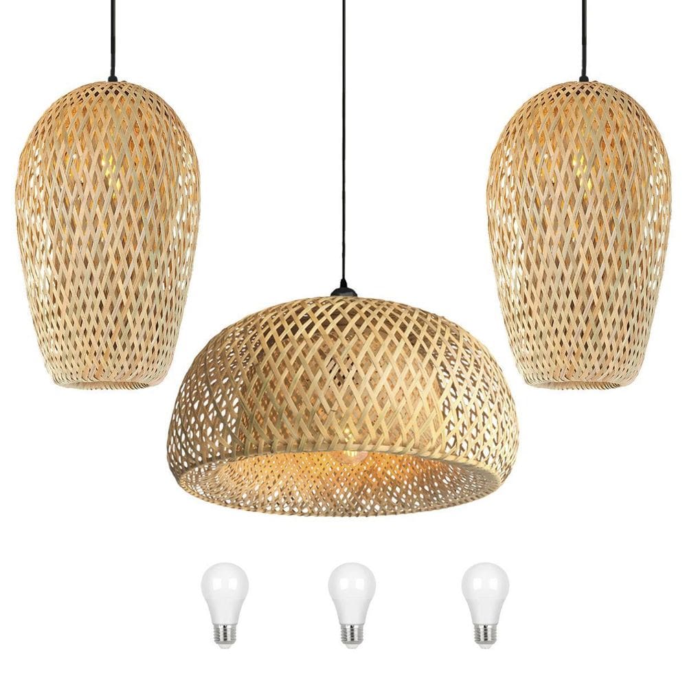 Trio De Pendente Fibra Natural Bambu Rustico Com01 + Led