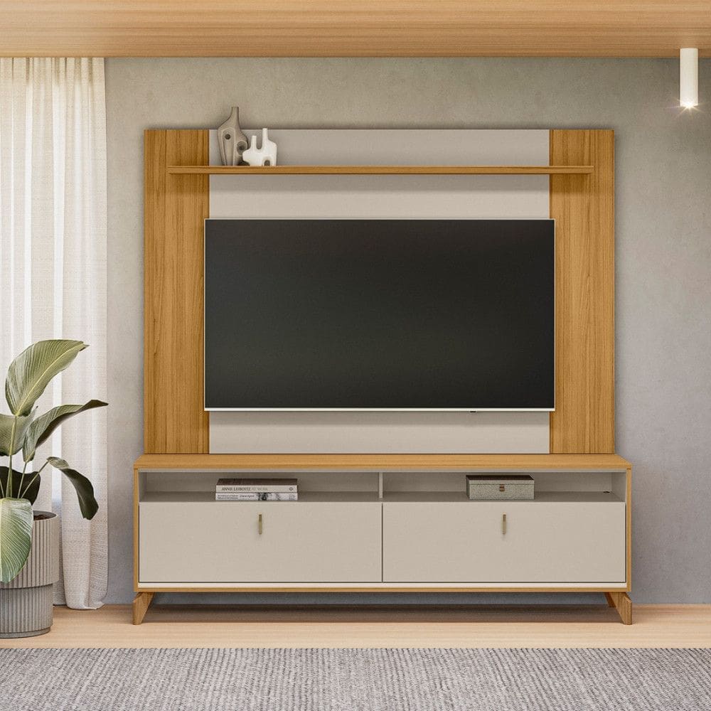 Estante Home para TV até 55 Polegadas Extensivel 2 Portas com Pés de Madeira Dubai 18 Tulum Linea Brasil