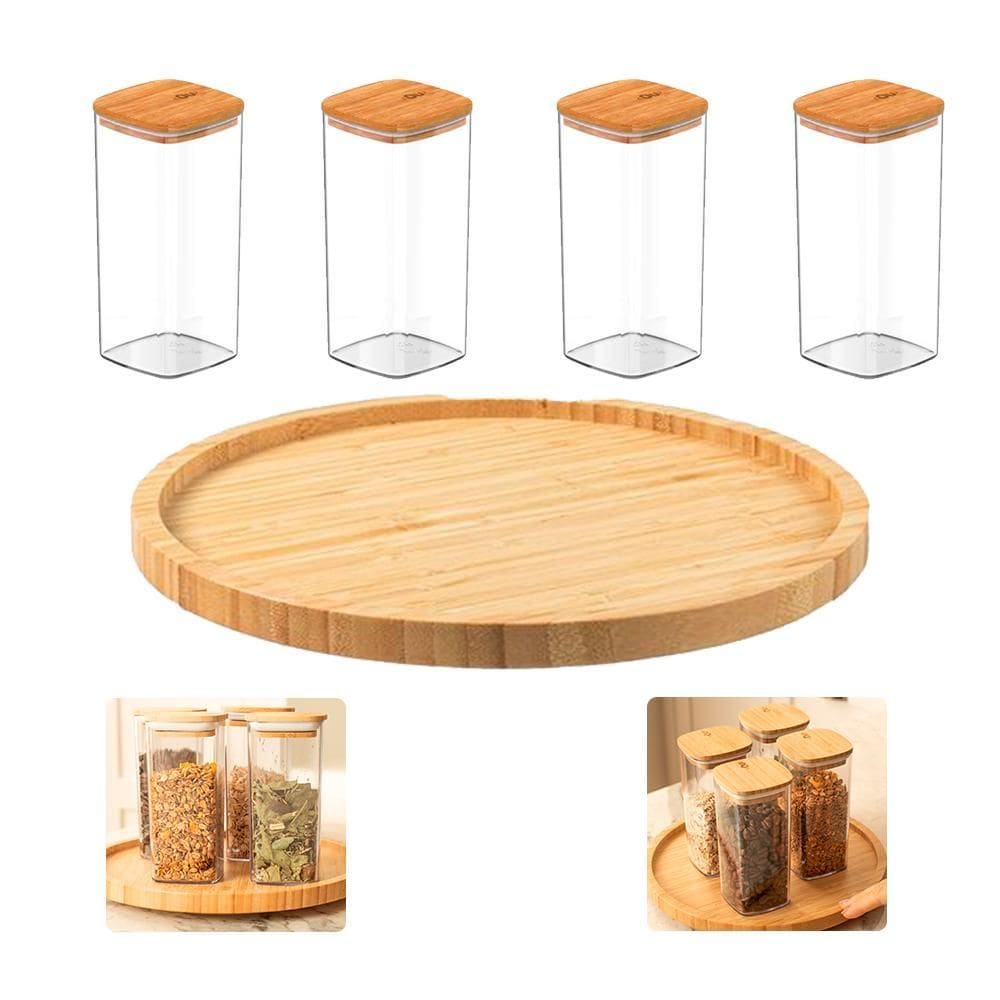 Kit Porta Temperos Giratório Bambu 4 Potes Herméticos 340Ml