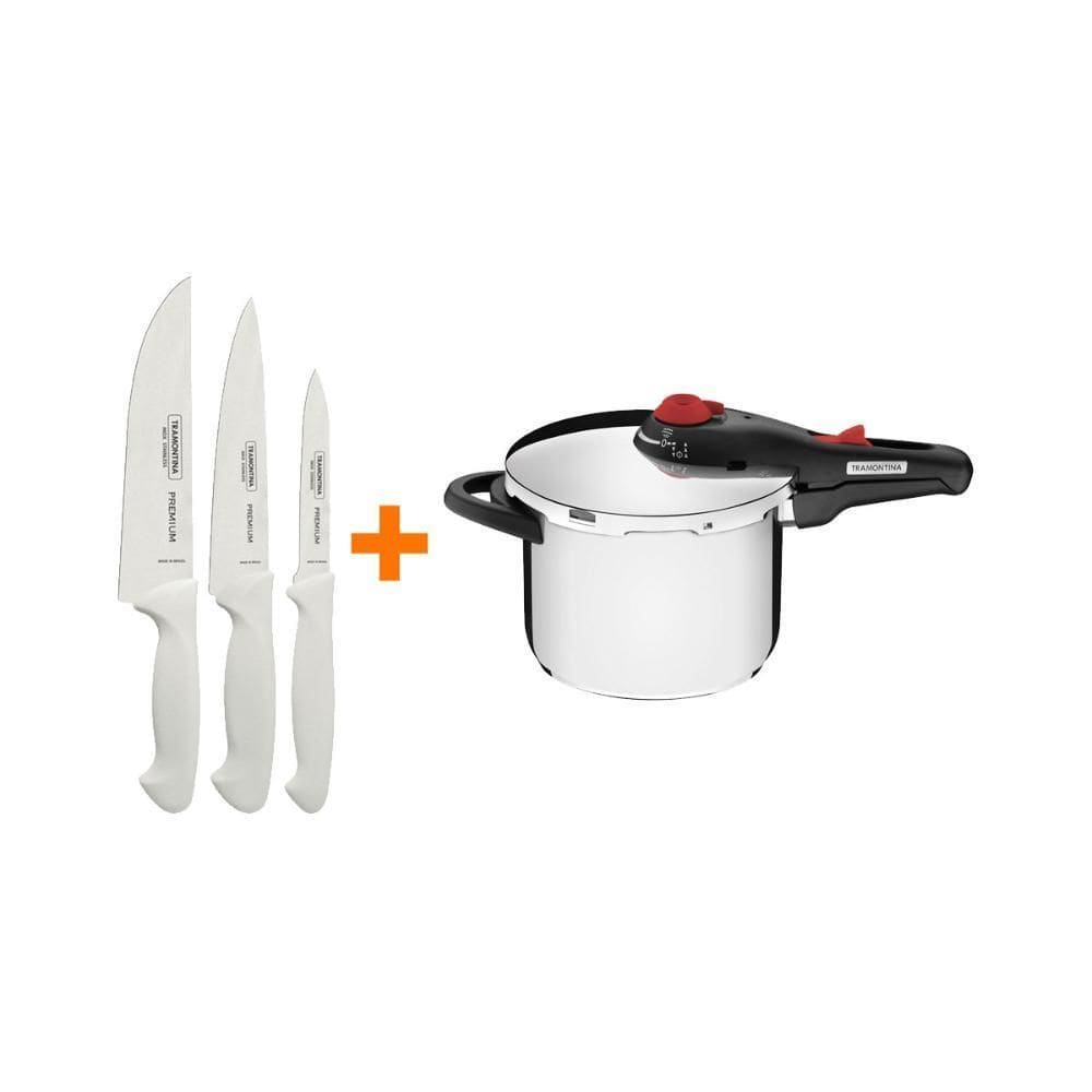Faqueiro Premium 3Pç + Panela Pressão Inox 6L Tramontina