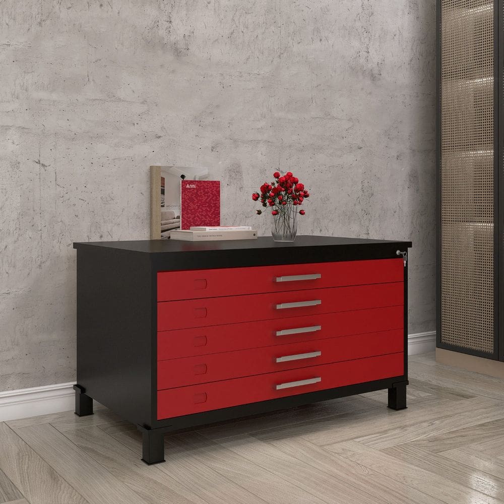Mapoteca Mont 5 Gavetas 71,3cm X 120,4cm Aço Preto/Vermelho