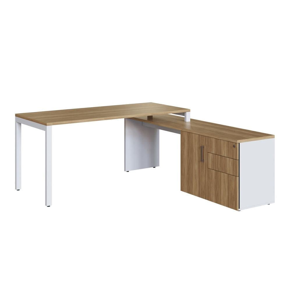Escrivaninha para Escritório Diretoria com Balcão 1 Porta 2 Gavetas 180cm Home Office Concept Nogal Sevilha/Branco