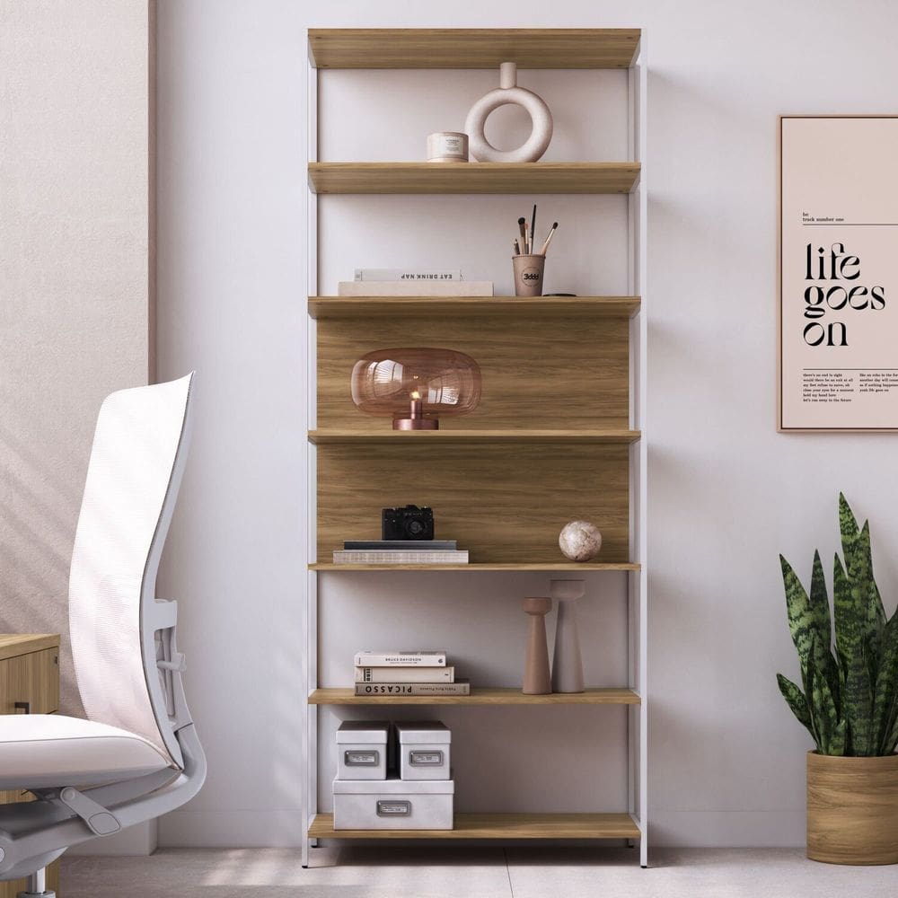 Estante 7 Prateleiras 211,5cm Home Office Artesano Concept Nogal Sevilha/Branco