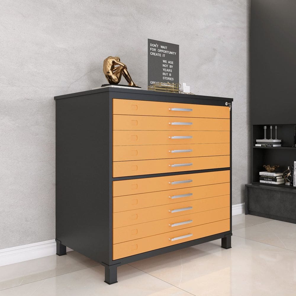 Mapoteca 10 Gavetas 120,4cm X 122,3cm Aço Preto/Laranja picasso