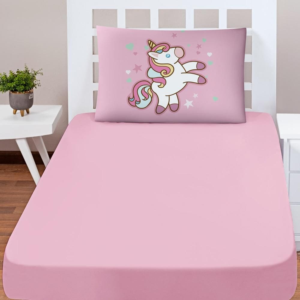 Jogo Cama Lençol Shine Solteiro 2Pçs Unicórnio Baby Rosa