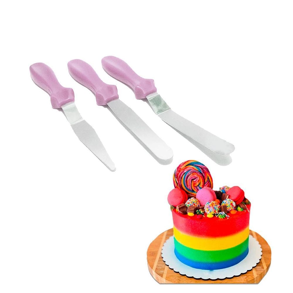 Kit Jogo De Espátulas Lilás Inox 3 Peças Para Confeitaria