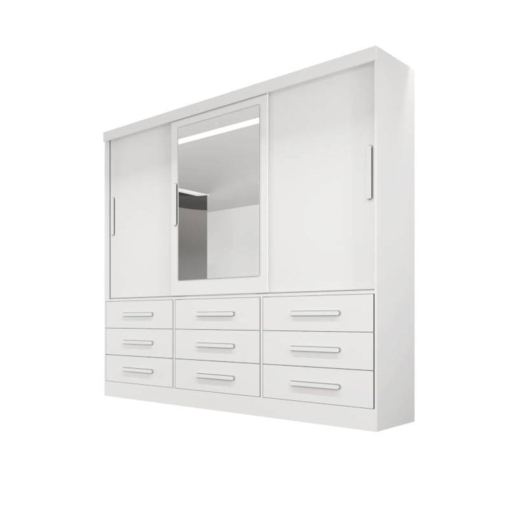 Guarda-roupa casal 3 portas espelho 9 gavetas 2,11m - Turim-Branco - Bianchi Móveis