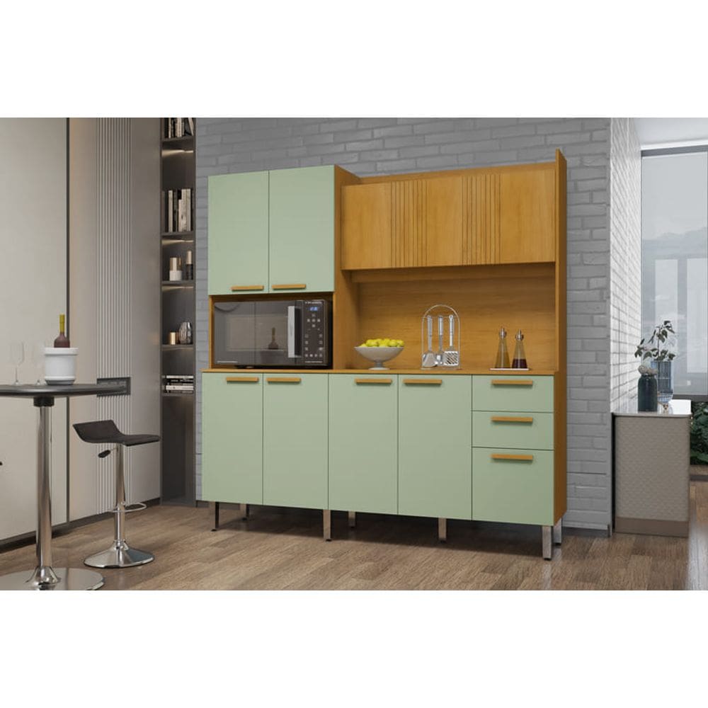 Kit Cozinha 10 Portas 2 Gavetas - Jean-Cinamomo/Verde Menta - CHF Móveis