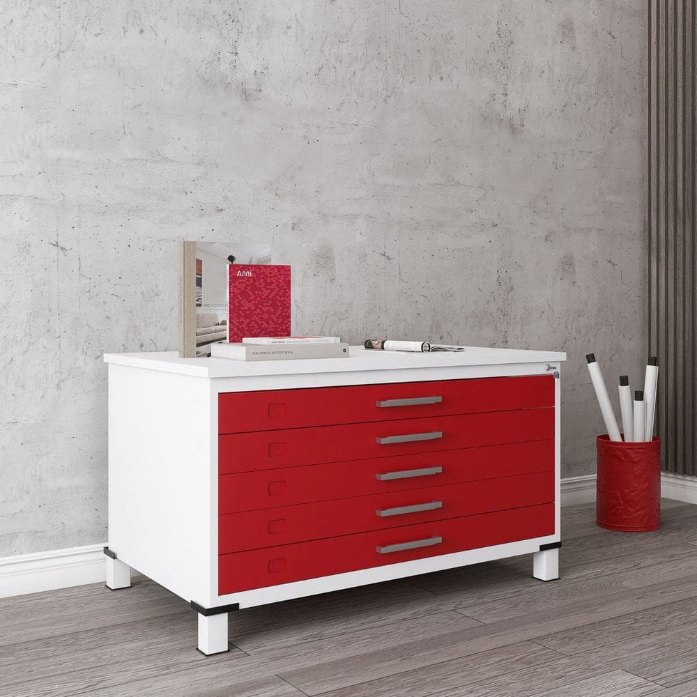 Mapoteca Mont 5 Gavetas 71,3cm X 120,4cm Aço Branco/Vermelho