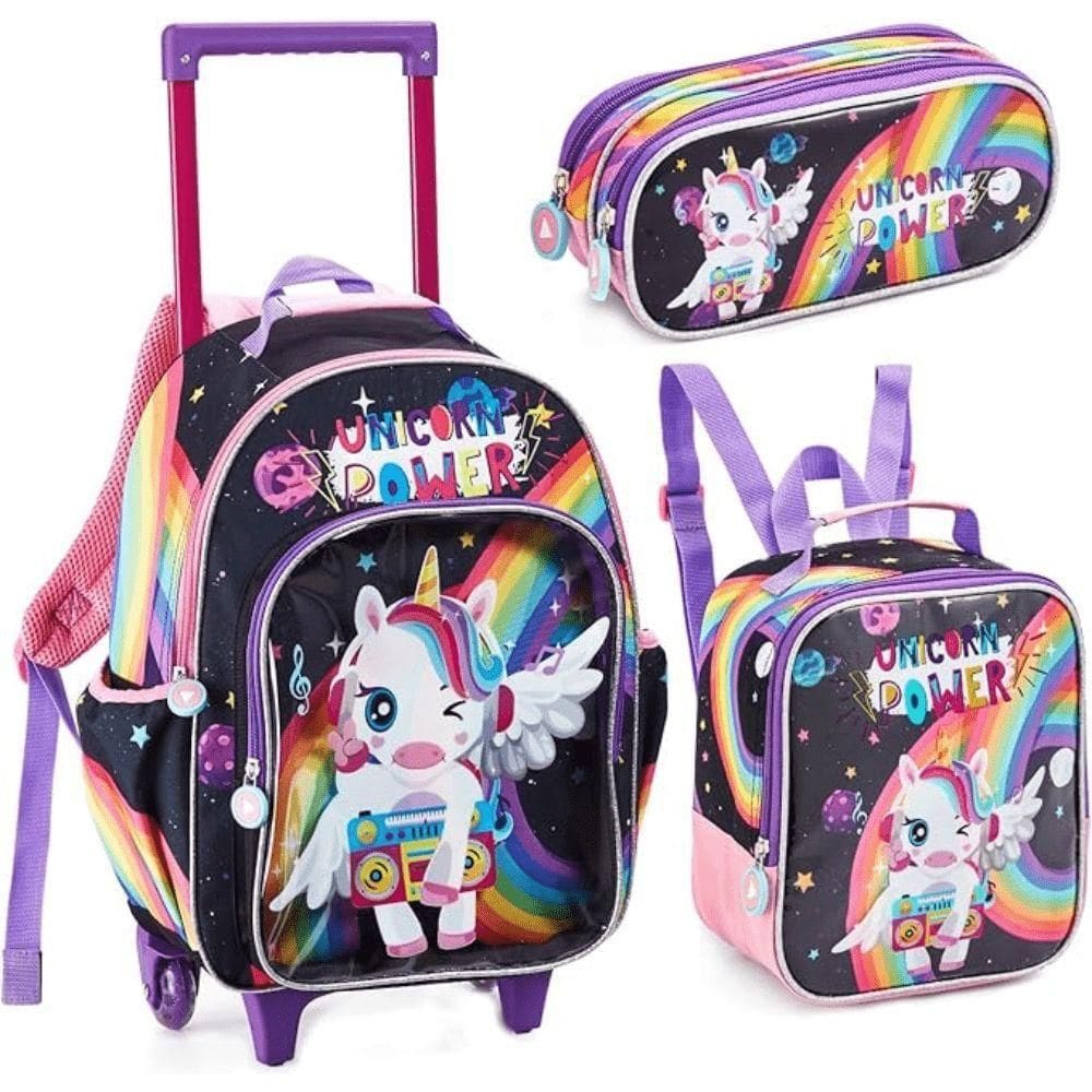 Kit Mochila De Rodinhas + Lancheira + Estojo Unicórnio Especial Denlex