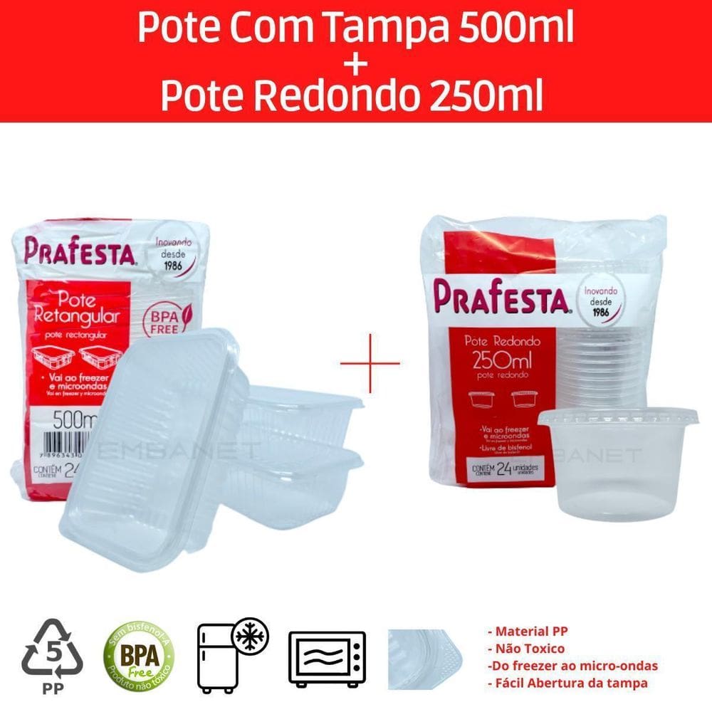 Pote Plástico Descartável 500Ml Marmita + Pote Redondo 250Ml