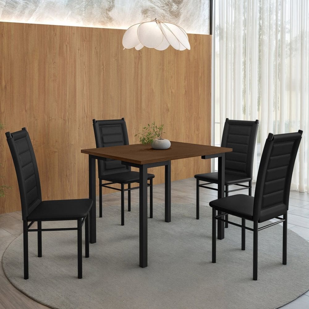 Mesa Compact 109x77cm Tampo em Mdf com 4 Cadeiras Tokio Preto / Freijó