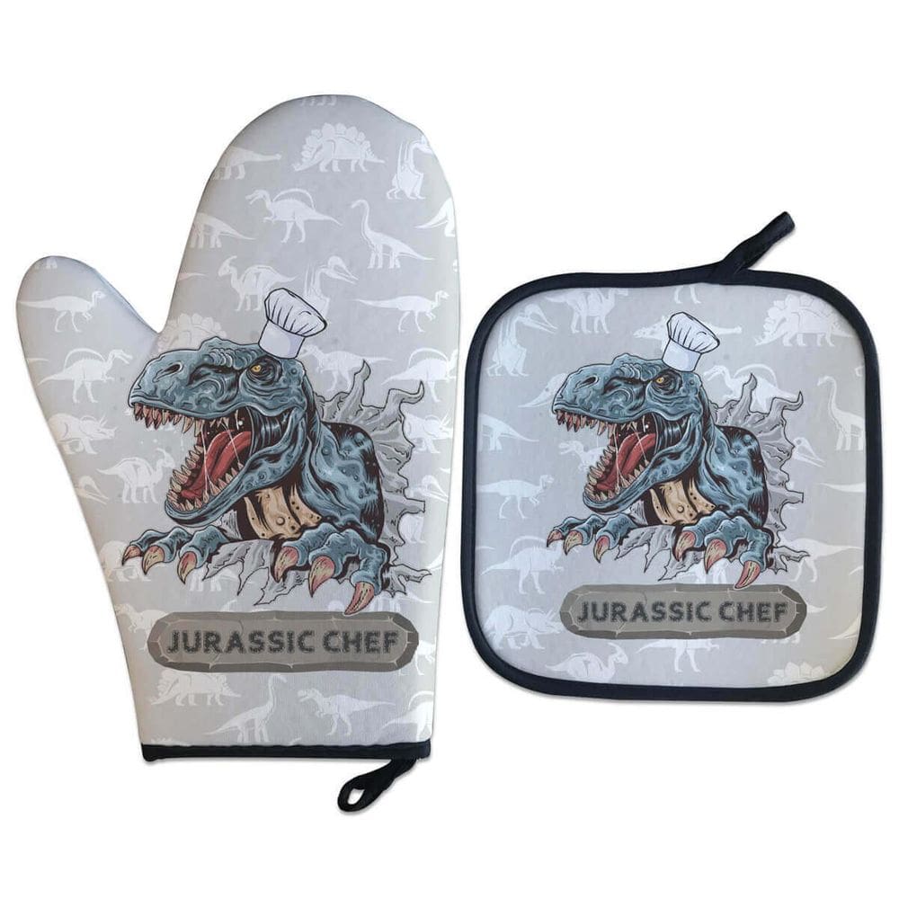 Kit Luva Térmica Dinossauro Jurassic Chef Cozinha Criativa