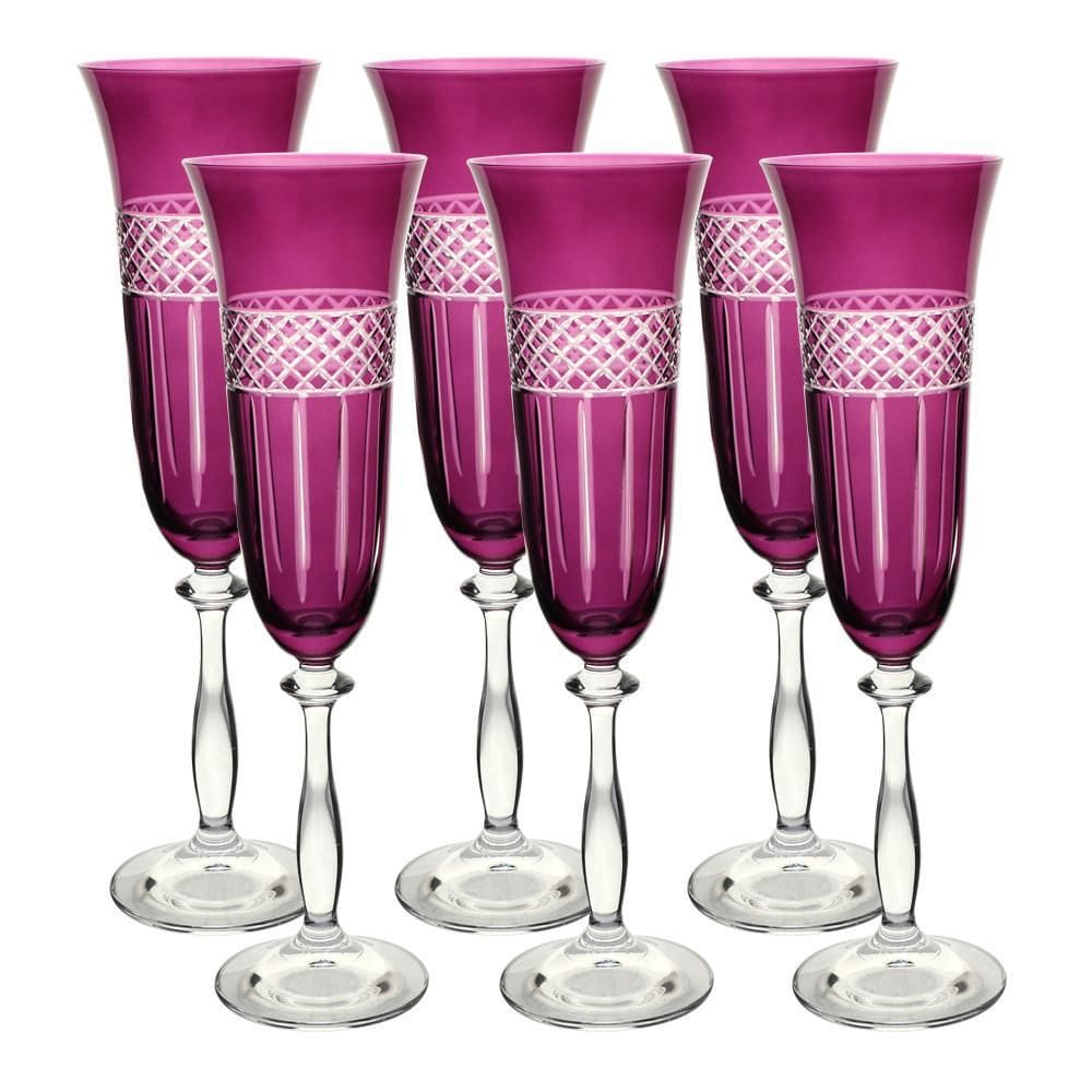 Kit 6 Taças Champanhe Ângela Lapidada Cristal 190Ml Violeta