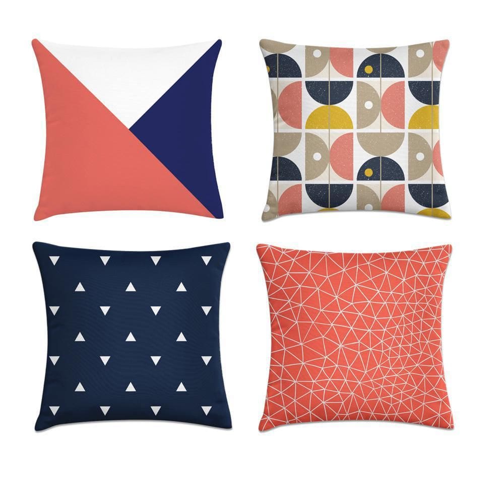 Kit 4 Capas Almofadas Geométricas Coral E Azul Marinho 45X45