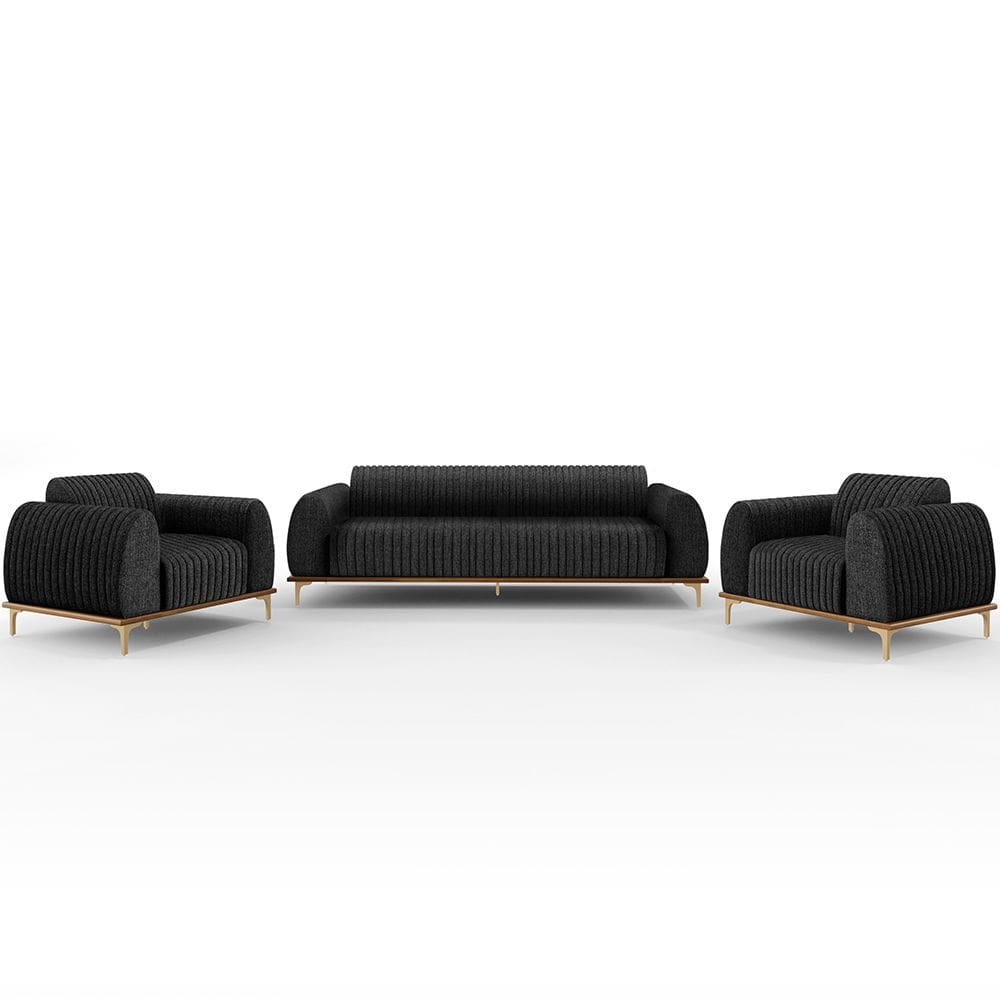 Kit Sofá 3 Lugares 210cm Com 2 Poltronas Molino Pés D`ouro D02 Linho Chumbo D-465 - Lyam Decor