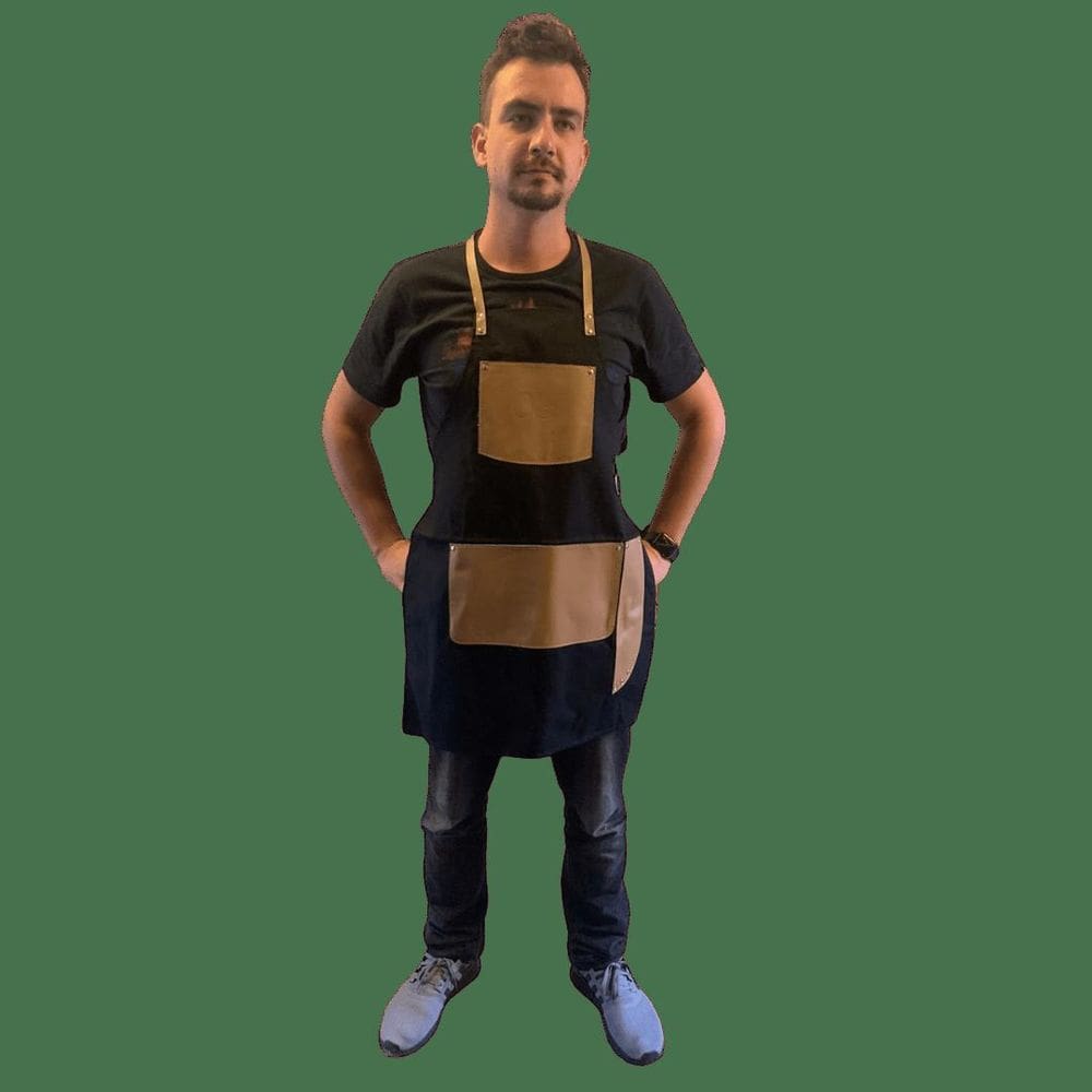 Avental Especial Em Jeans Preto Couro Caqui - Brasil