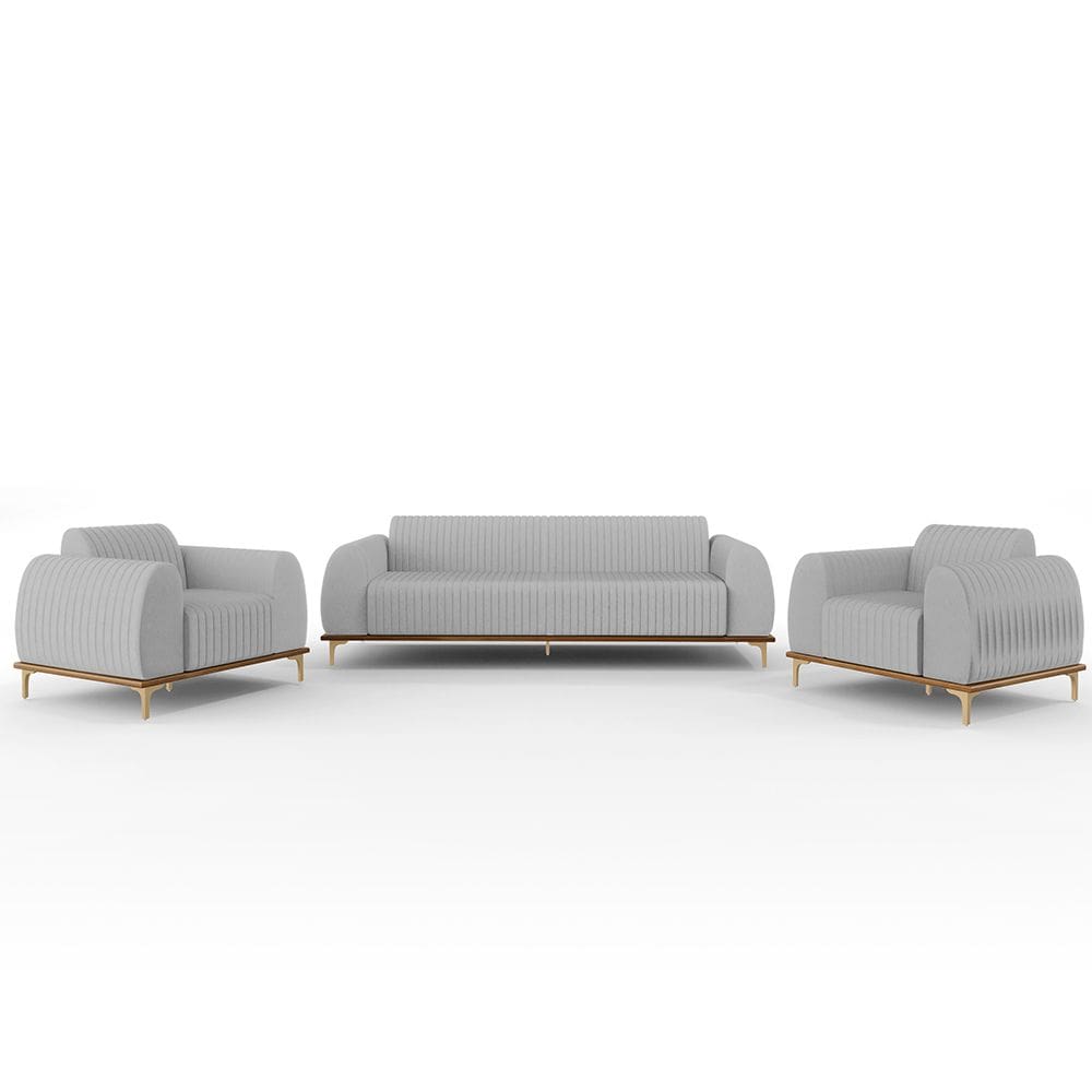 Kit Sofá 3 Lugares 210cm Com 2 Poltronas Molino Pés D`ouro D02 Linho Cinza D-315 - Lyam Decor