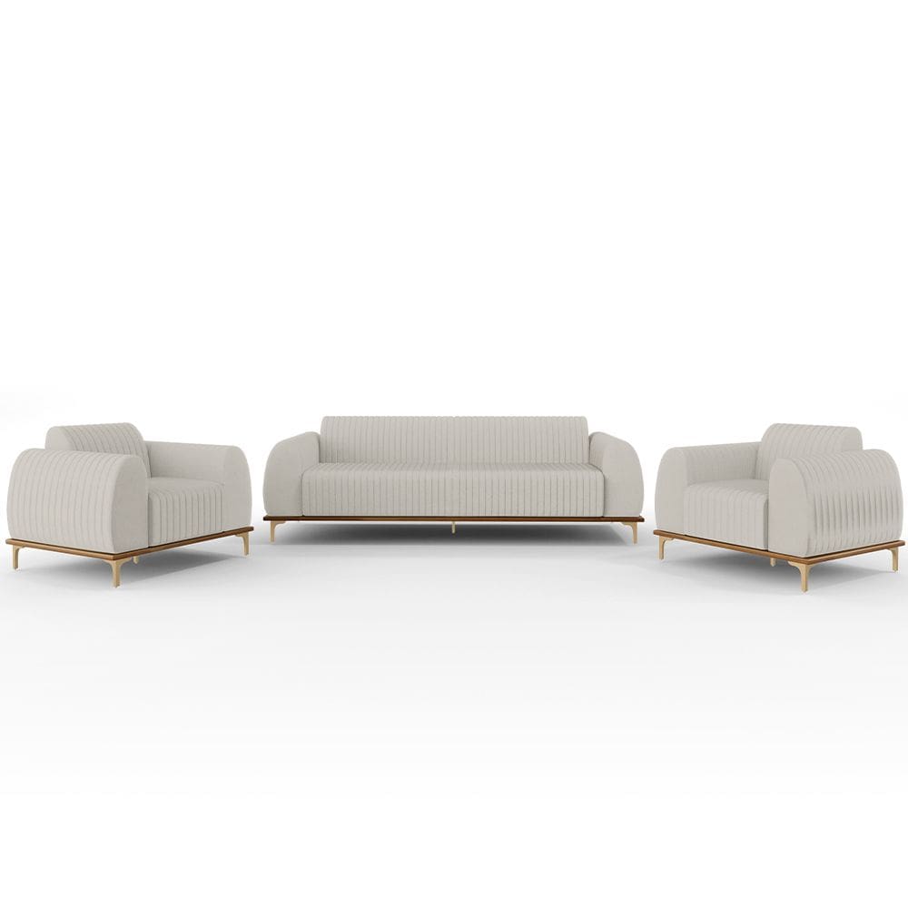 Kit Sofá 3 Lugares 180cm Com 2 Poltronas Molino Pés D`ouro D02 Linho Cru C-443 - Lyam Decor