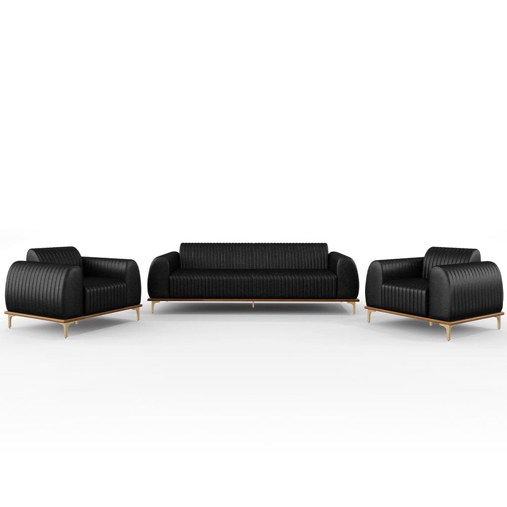 Kit Sofá 3 Lugares 180cm Com 2 Poltronas Molino Pés D`ouro D02 Couríssimo Preto B-159 - Lyam Decor