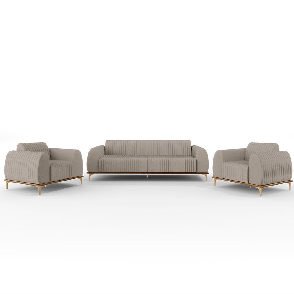 Kit Sofá 3 Lugares 180cm Com 2 Poltronas Molino Pés D`ouro D02 Linho Bege C-107 - Lyam Decor