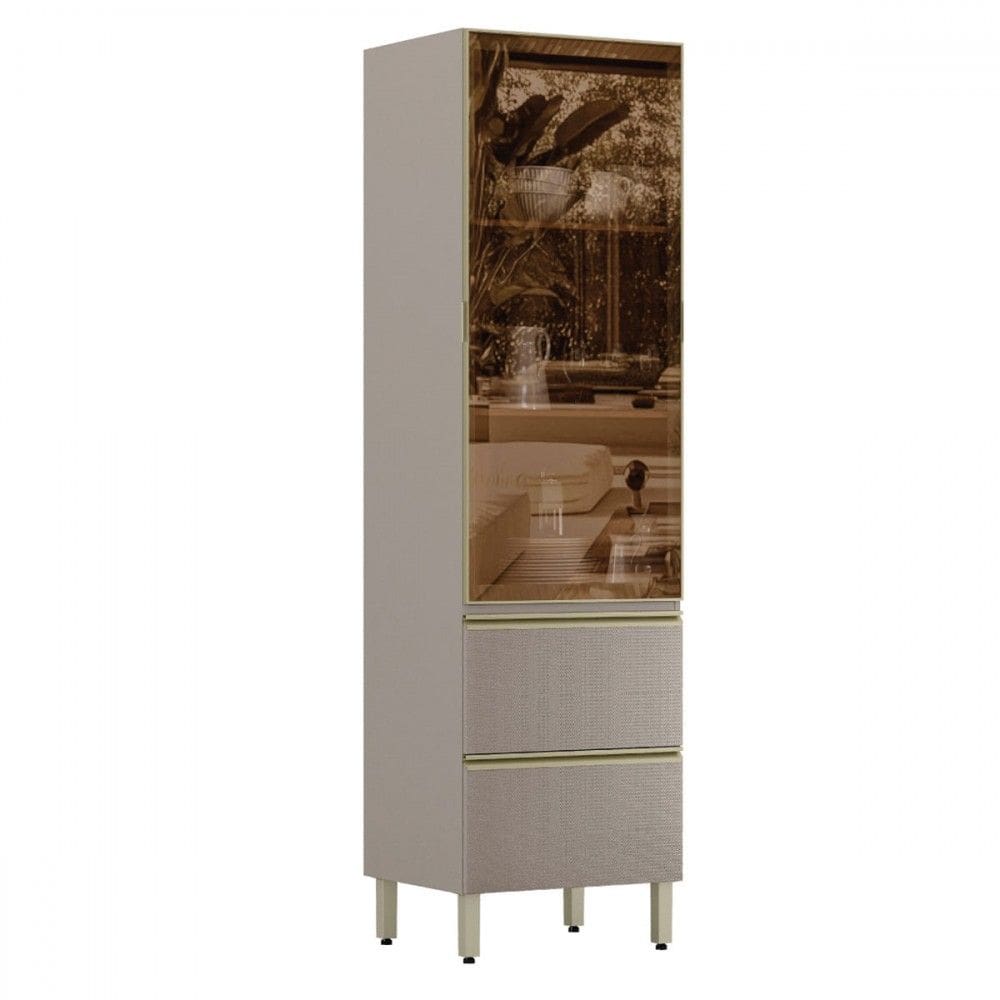 Cristaleira Proença 1 Porta 2 Gavetas 100% Mdf com Vidro Nogueira/Nude - Demóbile