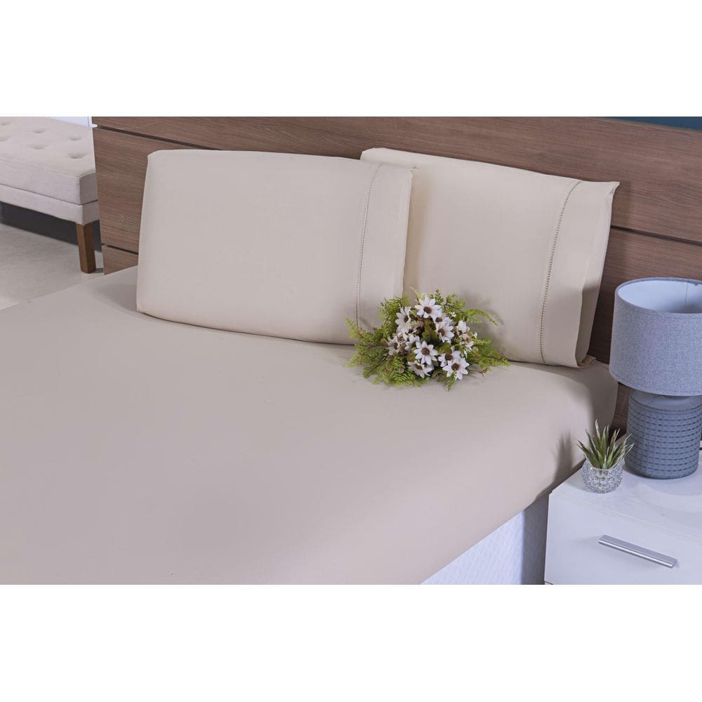 Jogo Lençol Casal Percal 200 Fios 3 Peças Ponto Palito Caqui