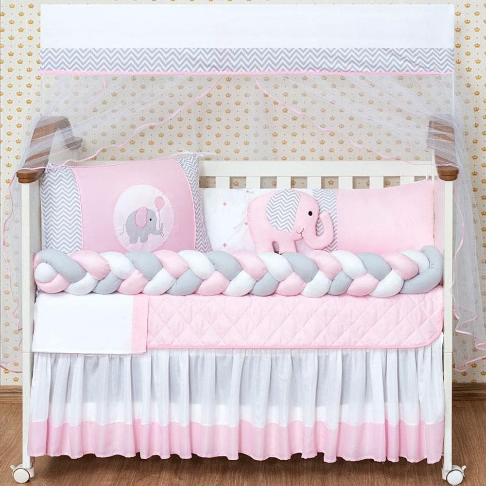 Jogo de Berço Feminino 14 Peças Com Saia Box Rosa