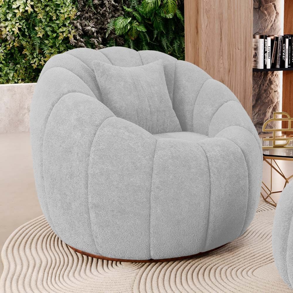 Poltrona Decorativa Estilo Concha Abóbora Shell Fixa Bouclê Cinza Claro - Desk Design