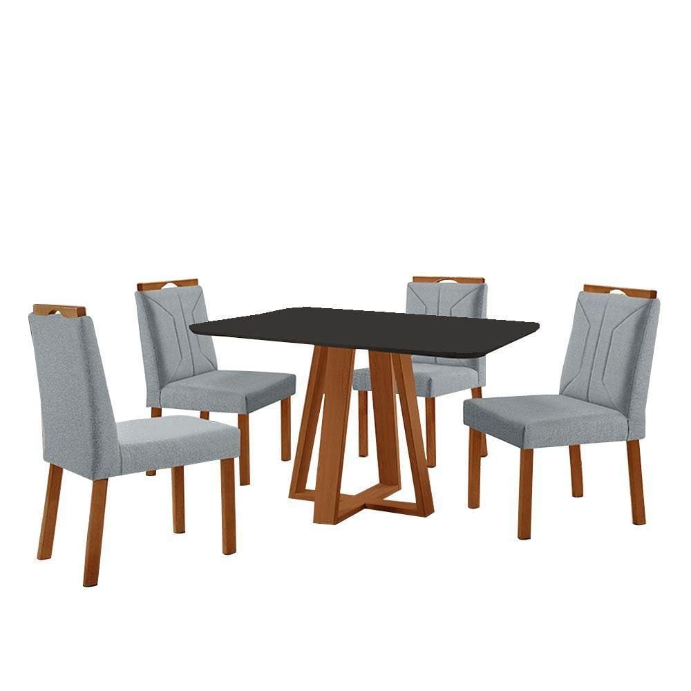 Conjunto Sala De Jantar Mesa Floripa 120x90cm Preto Com 4 Cadeiras Luna Linho Cinza
