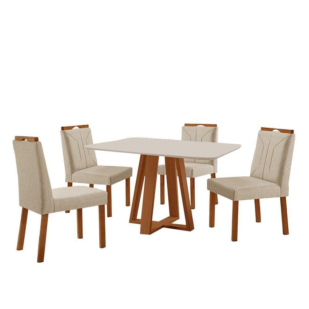 Conjunto Sala De Jantar Mesa Floripa 120x90cm Off White Com 4 Cadeiras Luna Linho Bege