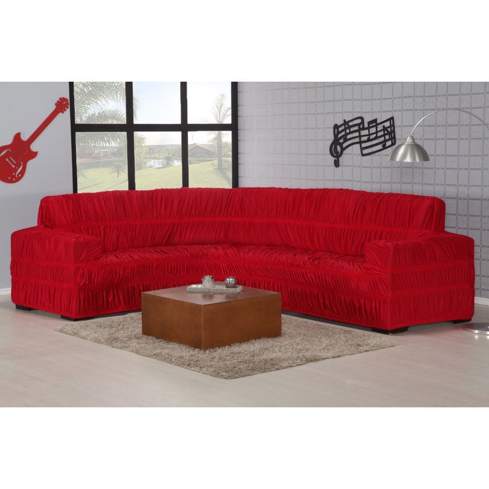 Capa De Sofá De Canto Em Malha Com 21 Elásticos Vermelha