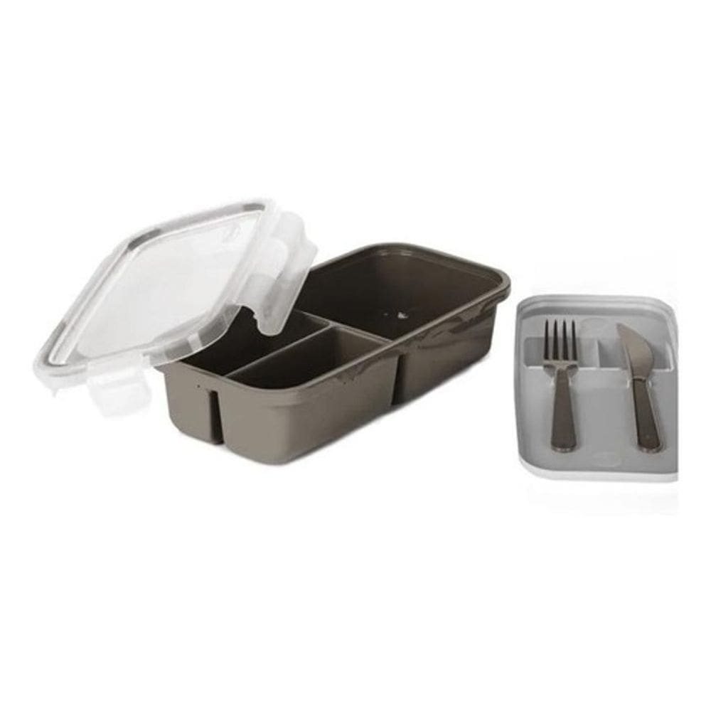 Marmita 3 Divisórias Com Kit De Talheres E Travas - Marrom