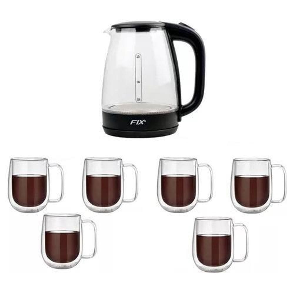 Chaleira + 6 Canecas Vidro Transparente 1,8L/260ml