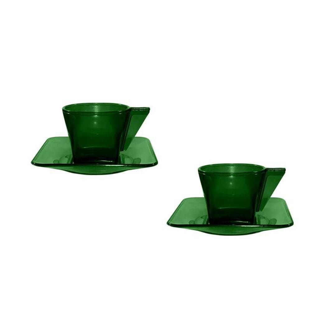 Kit 2 Xícara E Pires Cristal Verde 50Ml Plástico