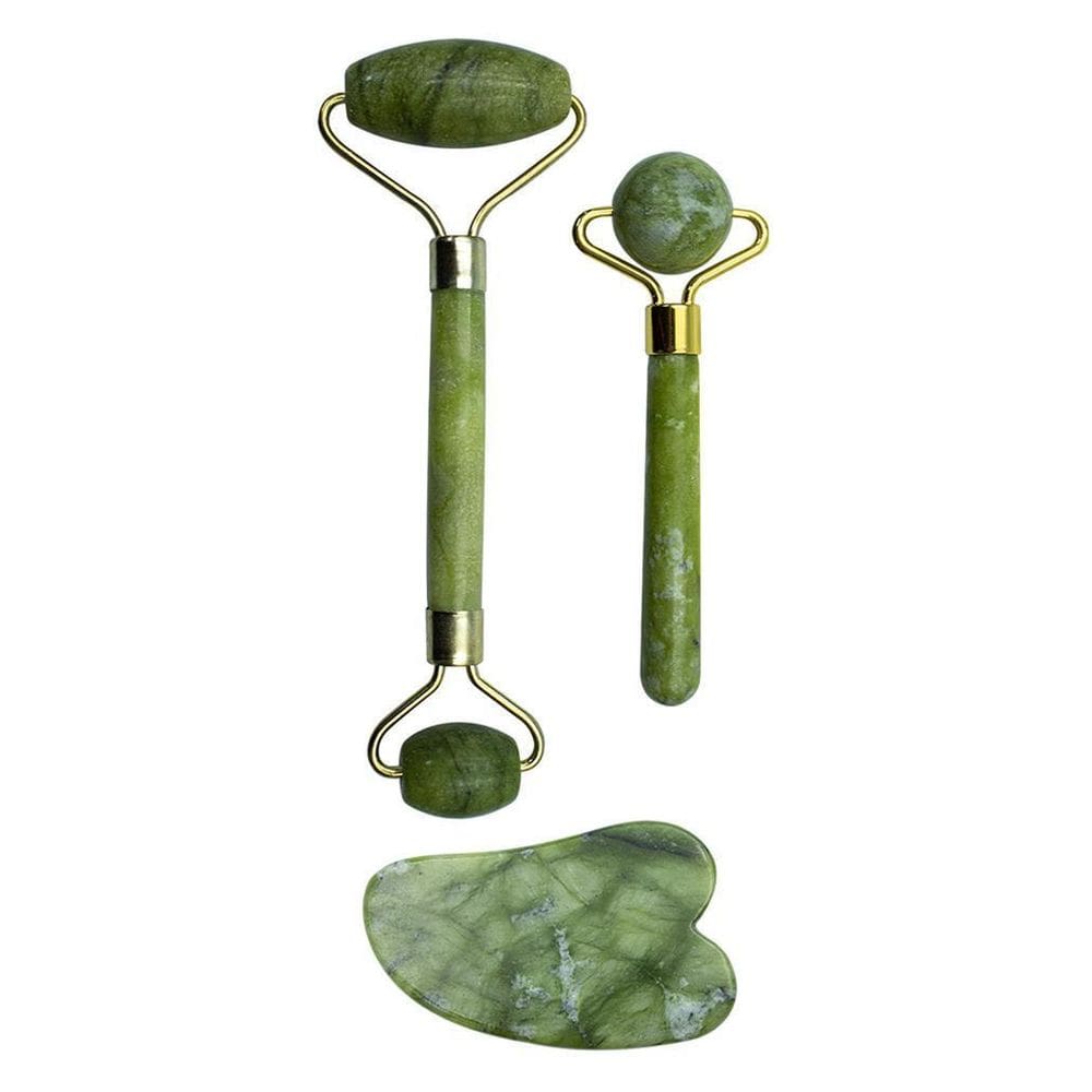 Kit Rolo E Mini Rolo Massageador Facial + Pedra Jade Gua Sha