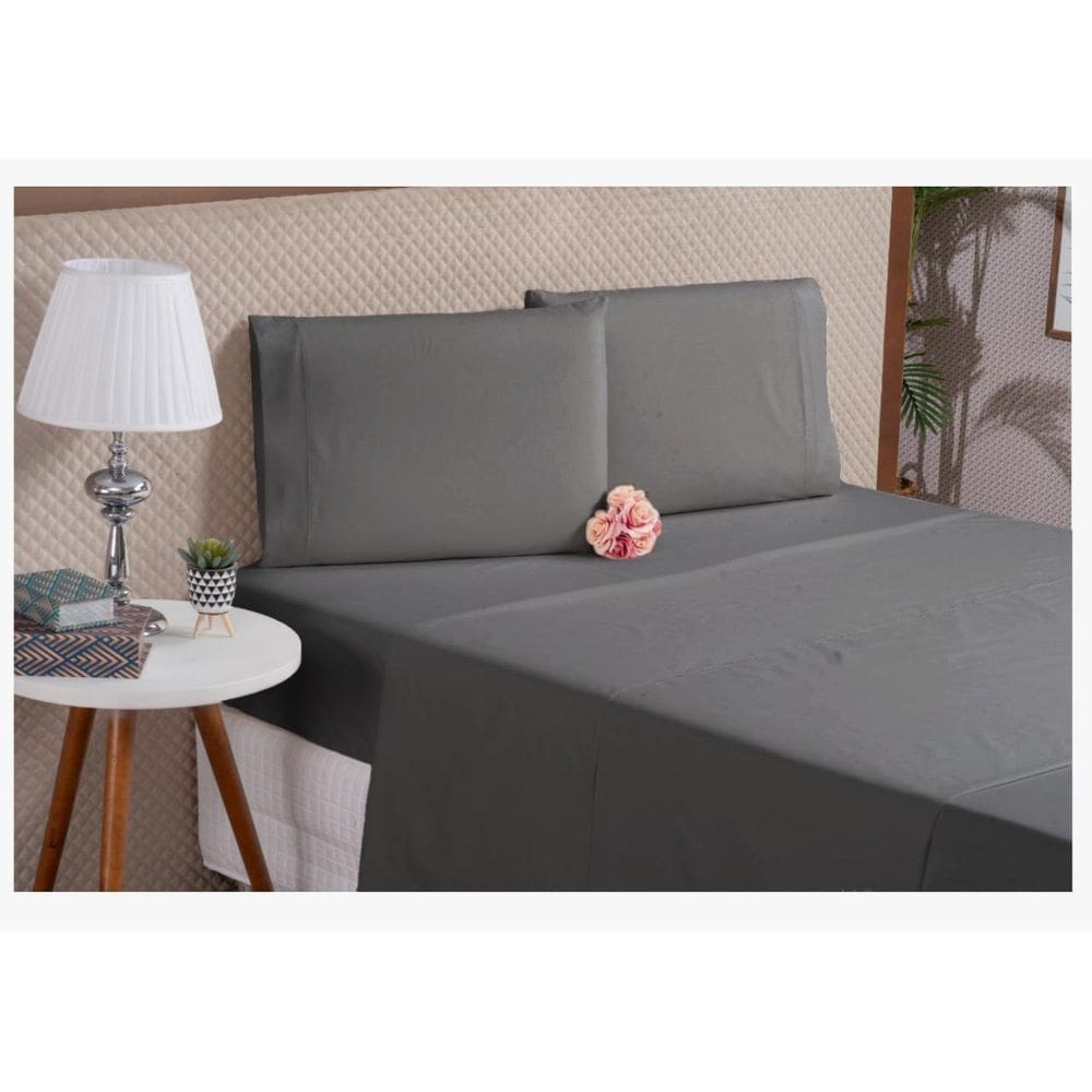 Jogo De Cama Casal King Cinza Algodão 4 Peças Percal 180F