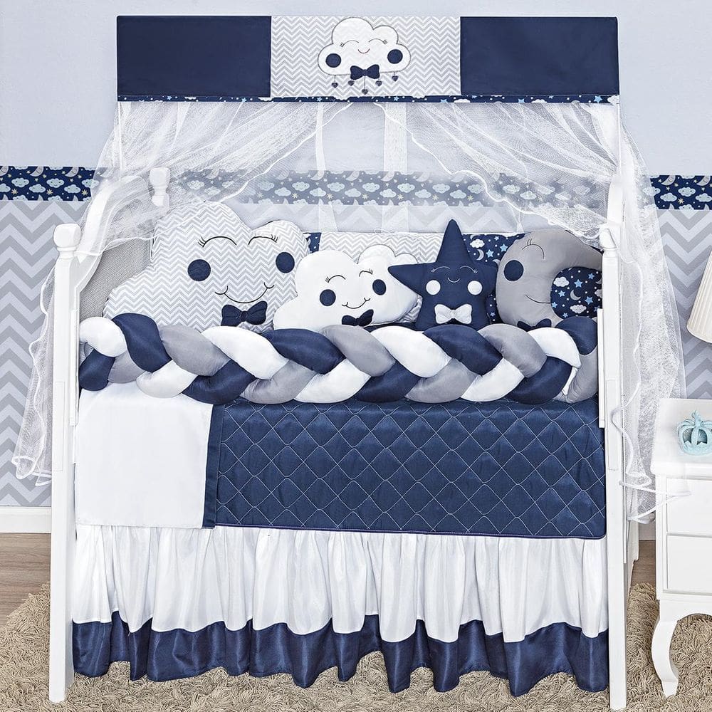 Kit Berço Trança Céu Cab Nuvem Estrela Marinho Menino 12P