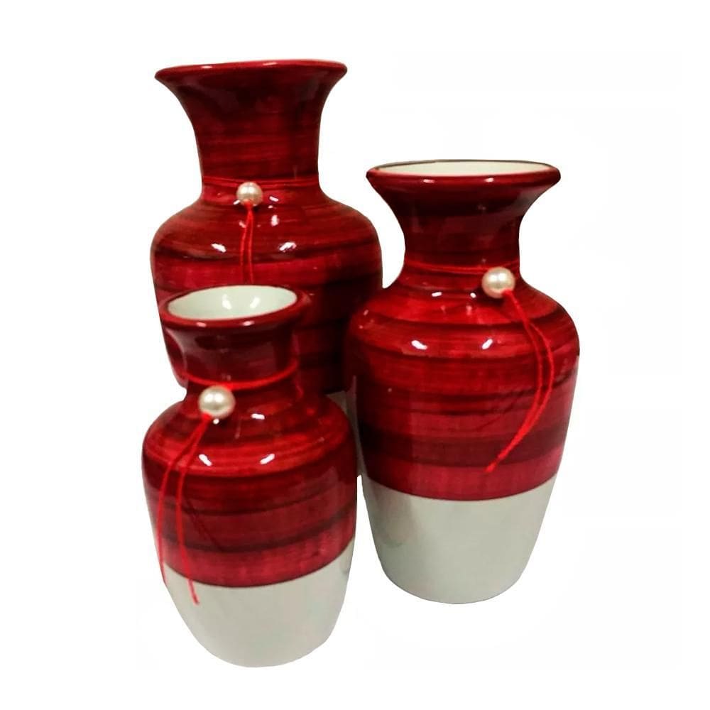 Trio Vasos Urnas Jad Em Cerâmica De Aparador Vermelho