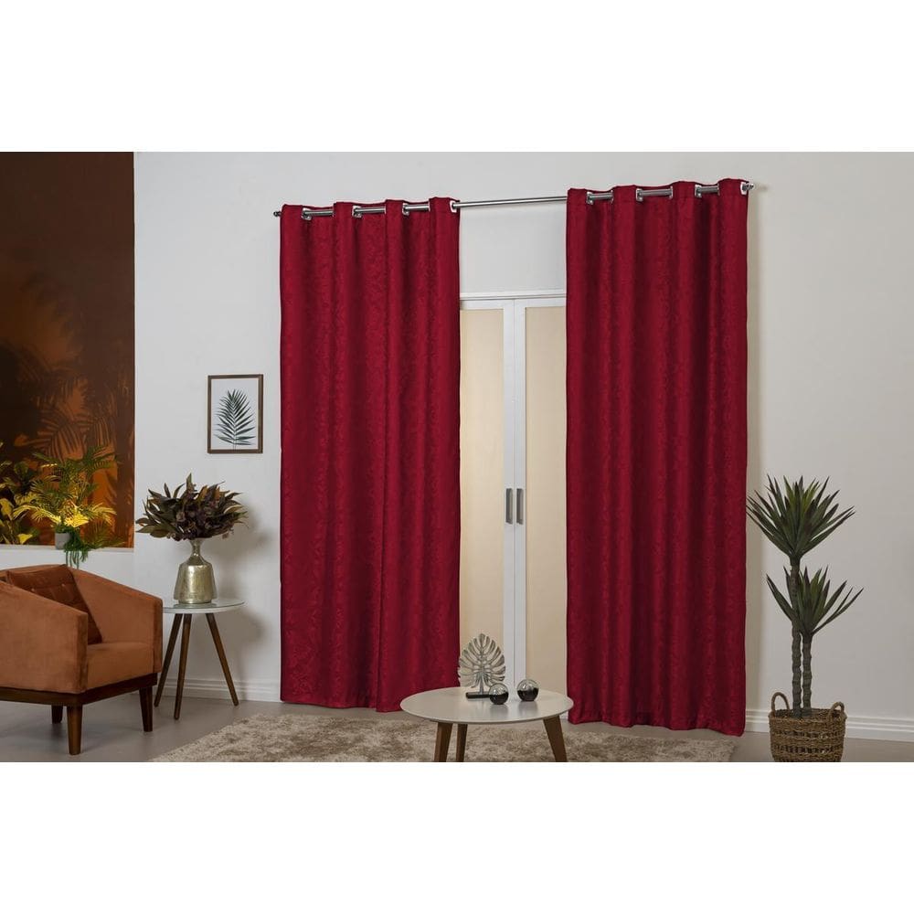 Cortina Tecido Jacquard Desenho De Flores 3M Vermelho