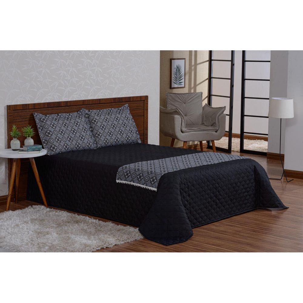 Cobre Leito Com Xale 5 Peças Valencia Preto Casal Padrão