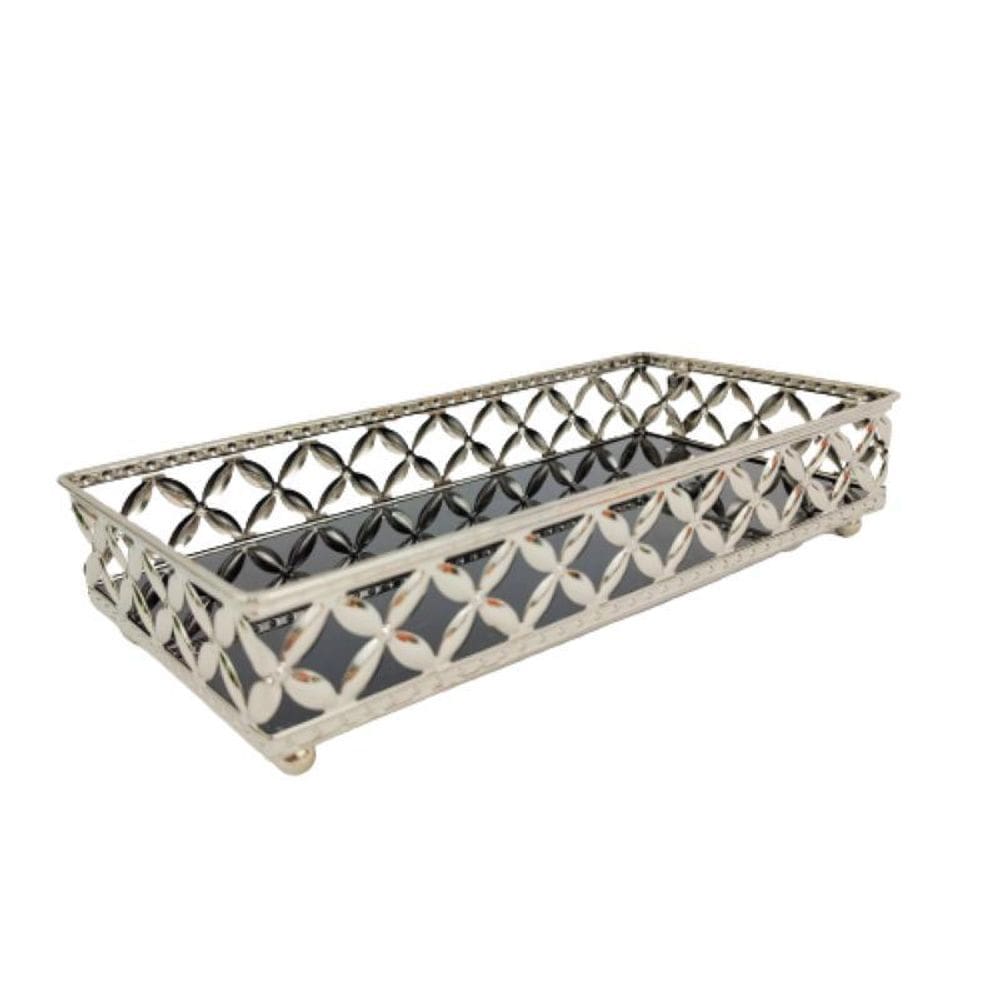 Bandeja Prata Floral 5X24X12Cm Com Vidro Preto Retangular G