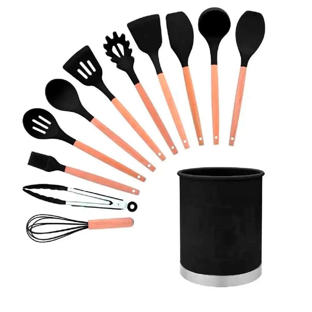 Kit 12 Peças Silicone | Espátulas Madeira Cozinha