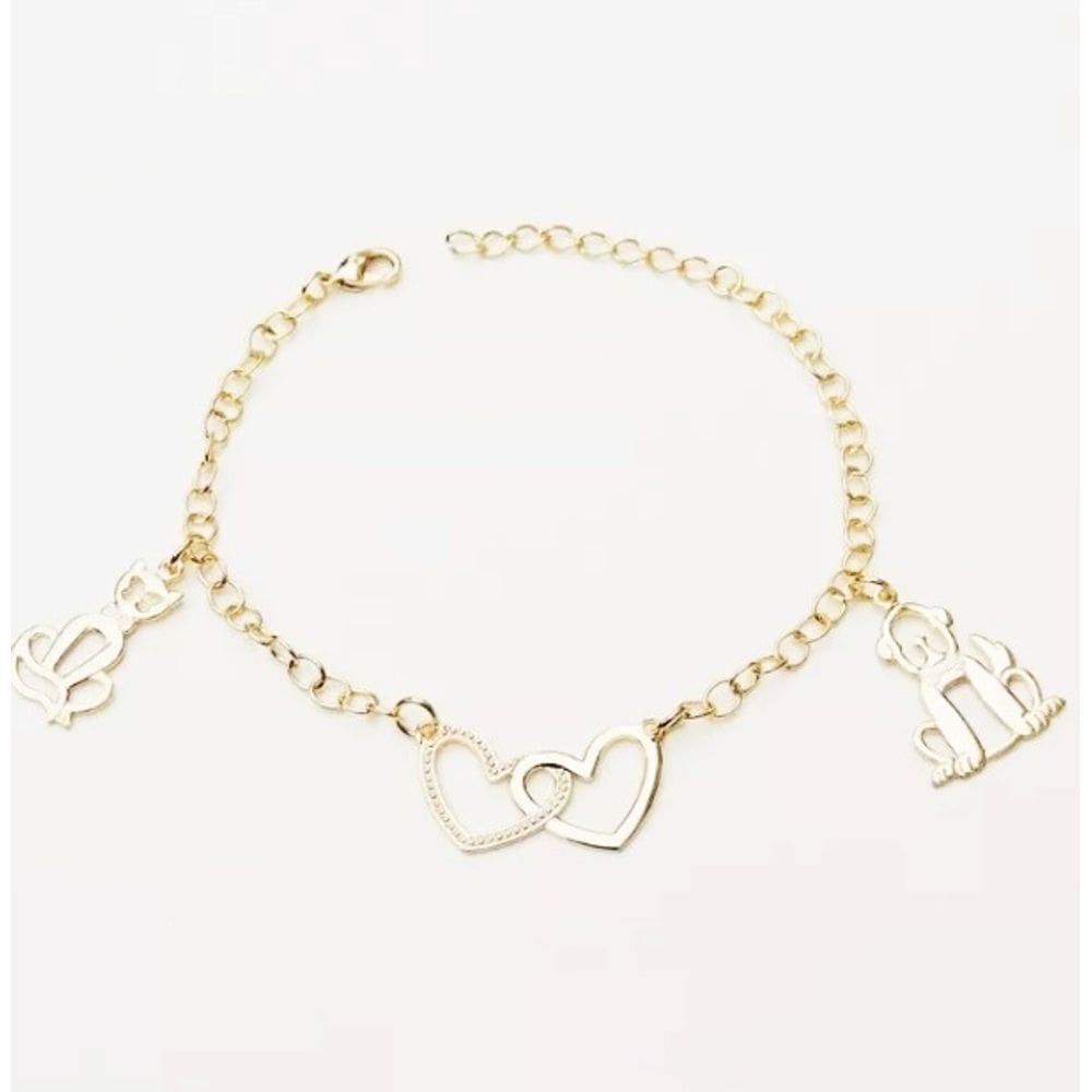 Pulseira Feminina Cachorro E Gato Folheado Ouro 18k