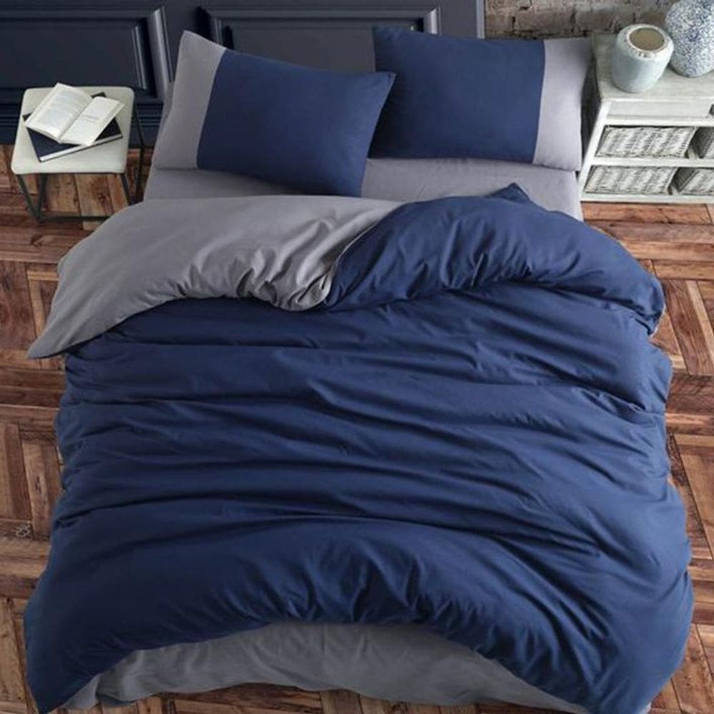 Jogo De Cama Solteiro Marinho Com Cinza 7 Pç Com Edredom