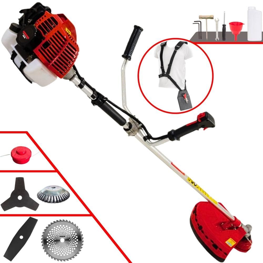 Roçadeira Robusta Kawashima KW52-L À Gasolina 52cc 10.000rpm 2,5HP Com Kit 3 Lâminas de Corte, Carretel de Nylon e Escova de Aço Circular 38 Cerdas