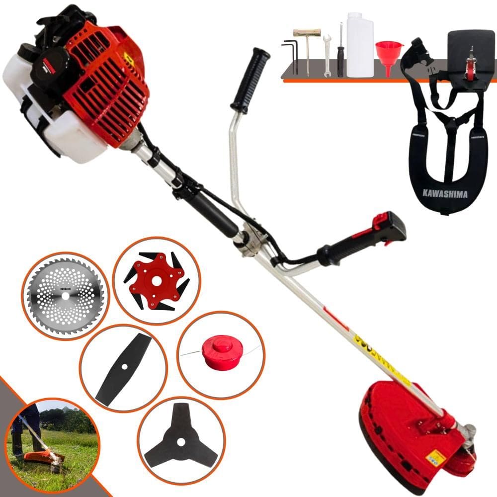 Roçadeira Profissional Kawashima KW52L À Gasolina 2 Tempos 52cc 2,5HP 10.000rpm Multifuncional Completa Com Carretel de Nylon e 4 Lâminas de Corte