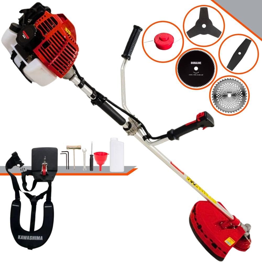 Roçadeira À Gasolina Kawashima KW52L 52cc 2,5HP 10.000rpm Completa 5 Em 1 Com Carretel de Nylon + Facas 2 Pontas, 3 Pontas, 40 Dentes e 80 Dentes